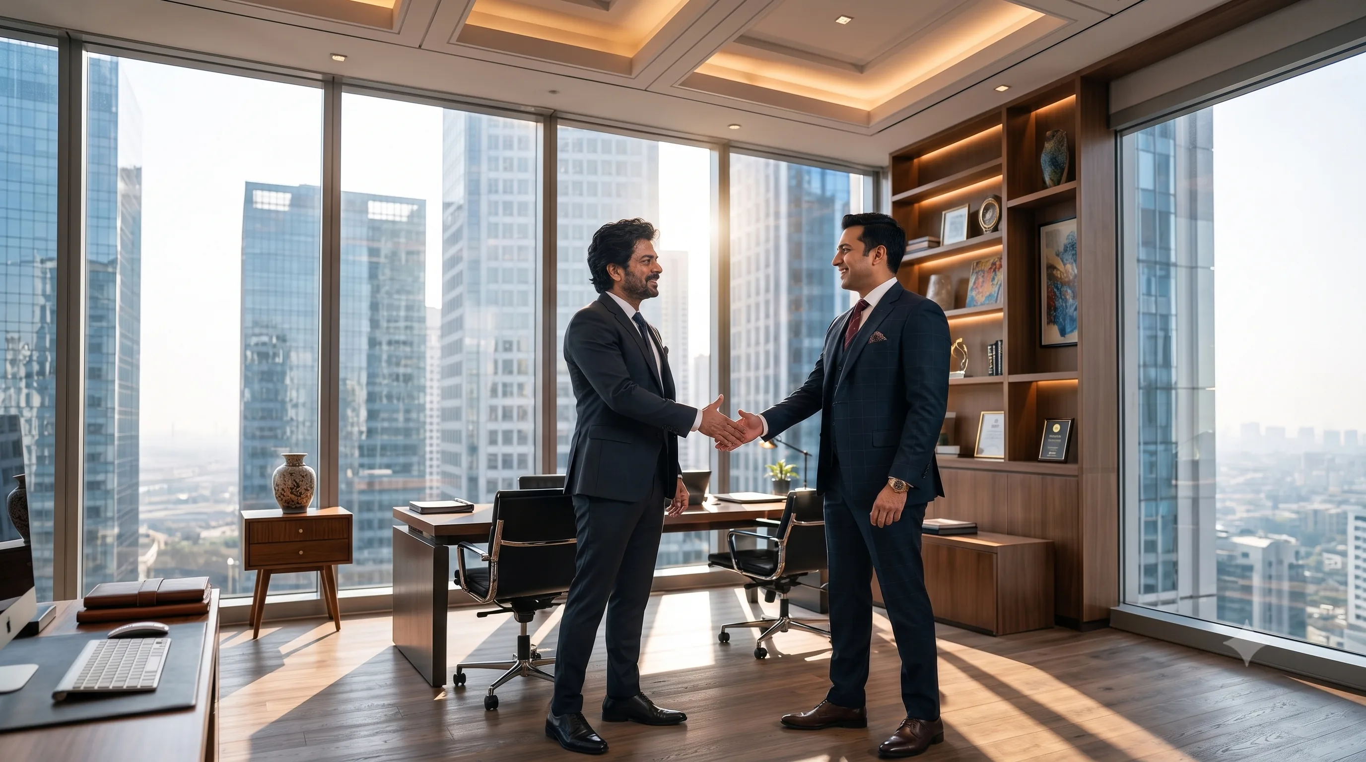Two business leaders shaking hands in a modern office
